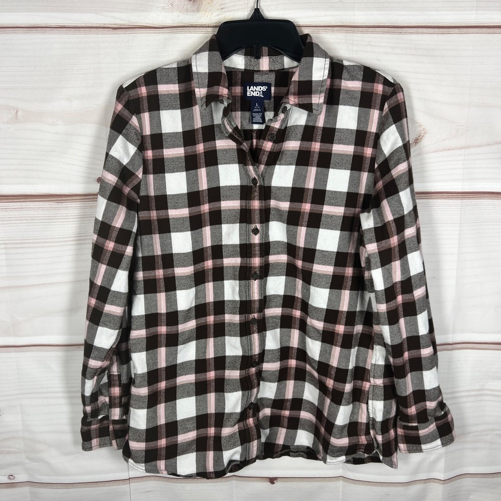 Lands End Top Women Large Brown Pink Plaid Flannel Shirt Button Up Cotton Collar